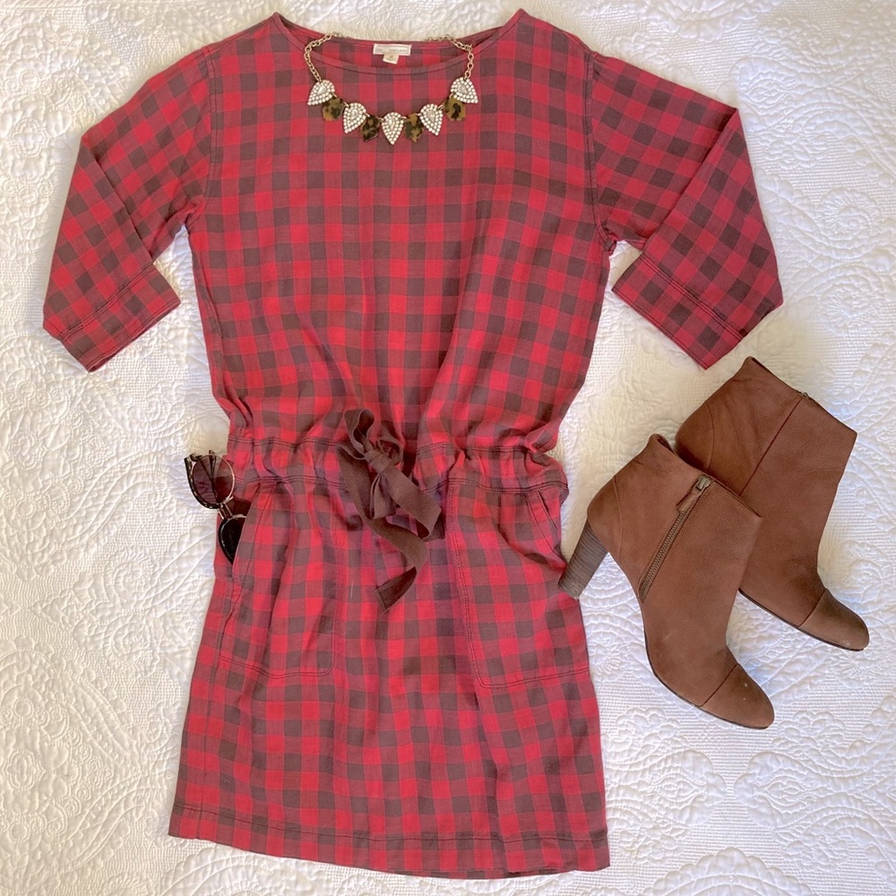 GAP Drawstring Red and Brown Gingham Linen Dress Size XS